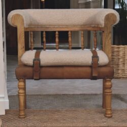 Strapped Hallway Boucle Bench - Beige / Brown