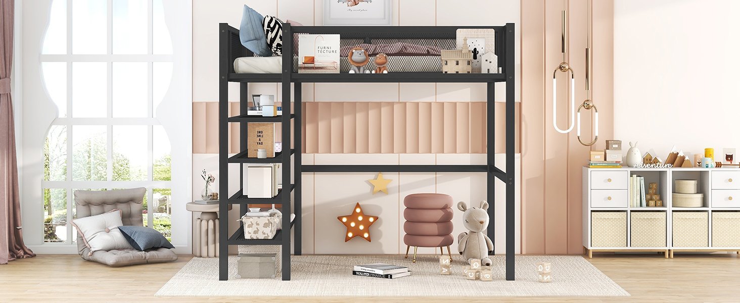 Twin Size Loft Bed With 4 Tier Shelves And Storage - Black - Image 15