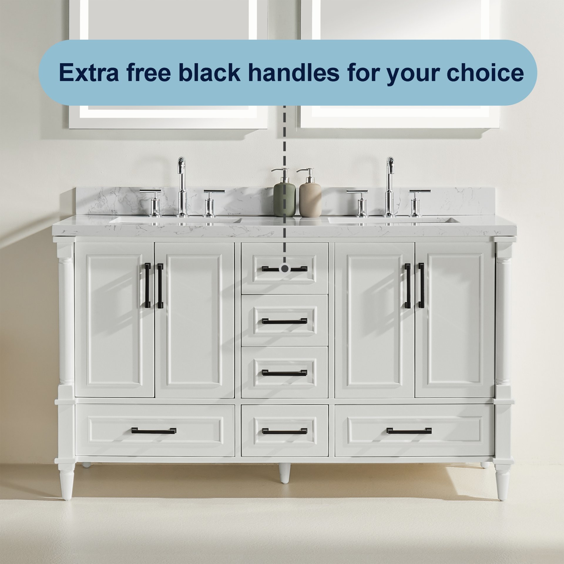 Freestanding Double Bathroom Vanity With Extra Black Handles - White - Image 3