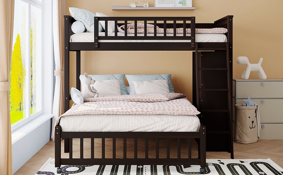 Twin Over Full Bunk Bed With 6 Drawers And Flexible Shelves, Bottom Bed With Wheels - Espresso - Image 4