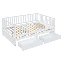 Full Size Daybed With Fence Guardrails And 2 Drawers, Convertible Floor Bed & Daybed - White