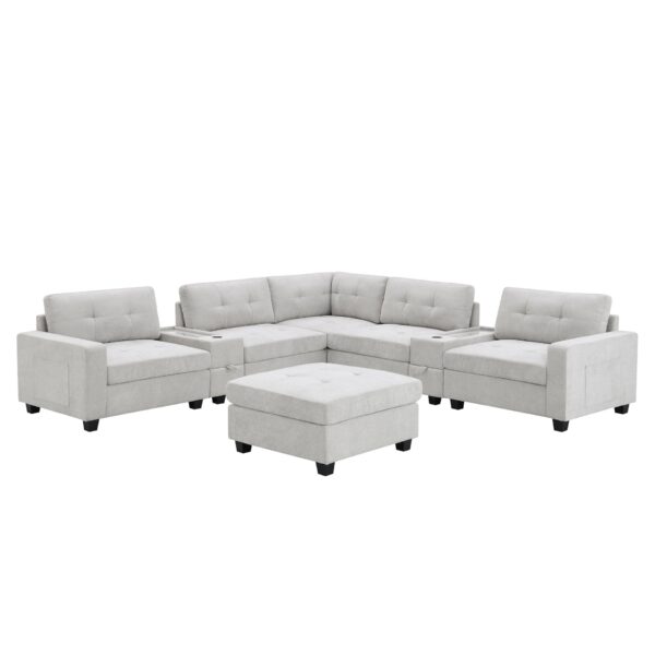 Sectional With Acrylic Table Top U Shaped Couch Set With 2 Consoles USB Charger, Storage Drawers And Pockets Movable Ottoman Tufted Sofa - Light Gray