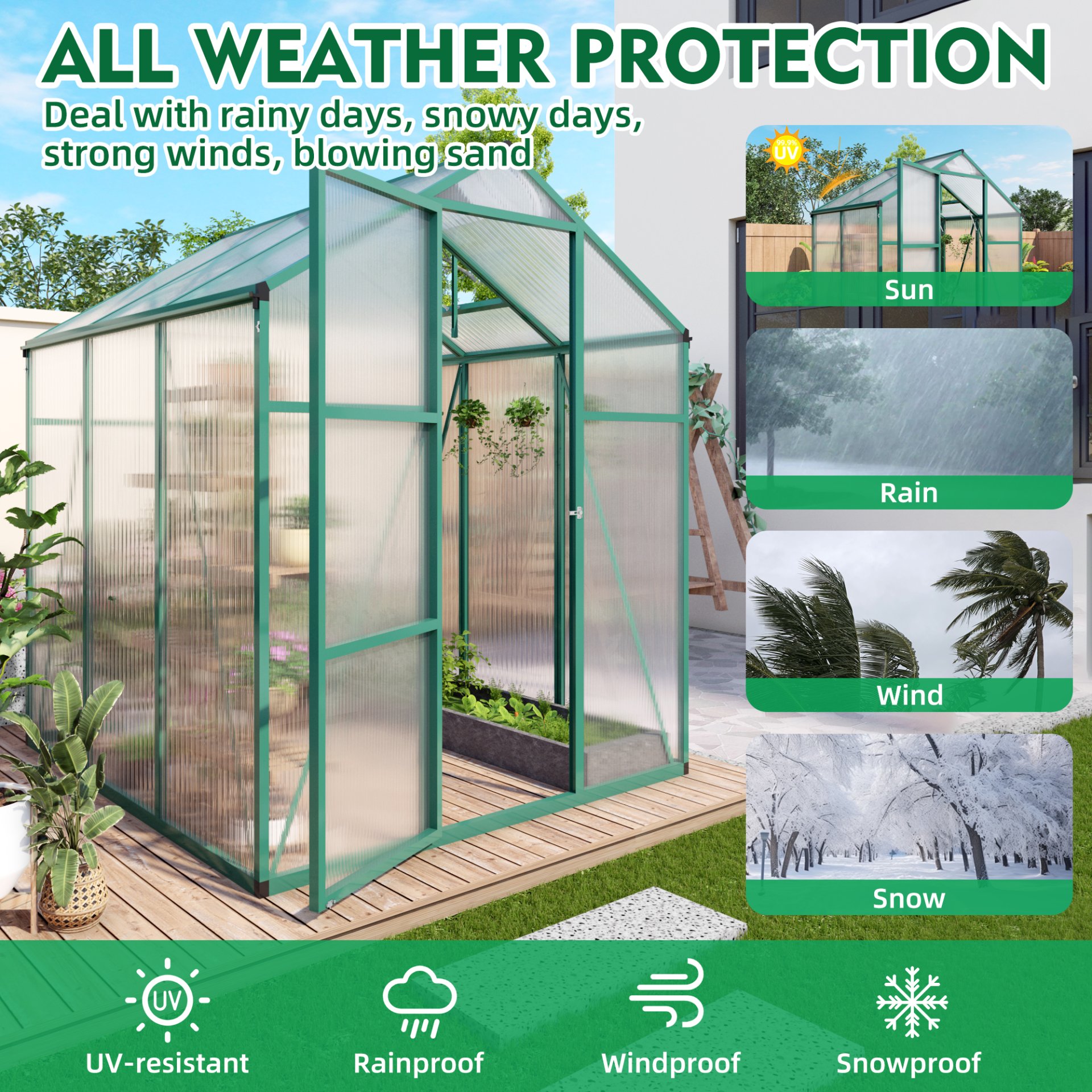 Newly Marketed Gain Height Windproof Aluminum Greenhouse 6 X 6 Ft Polycarbonate Greenhouse Raised Base And Anchor Aluminum Heavy Duty Walk - In Greenhouses For Outdoor Backyard In All Season - Green - Image 5