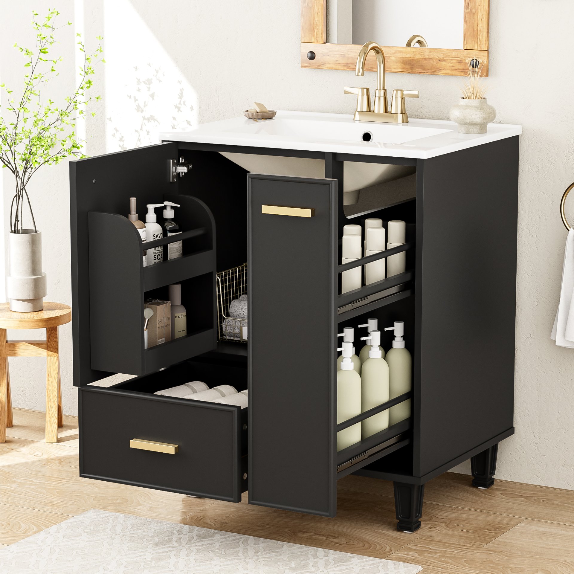 Modern Solid Wood And 24" Bathroom Vanity With Sink, Deep Drawer, Door Shelf, 2 Tier Basket - Black - Image 2