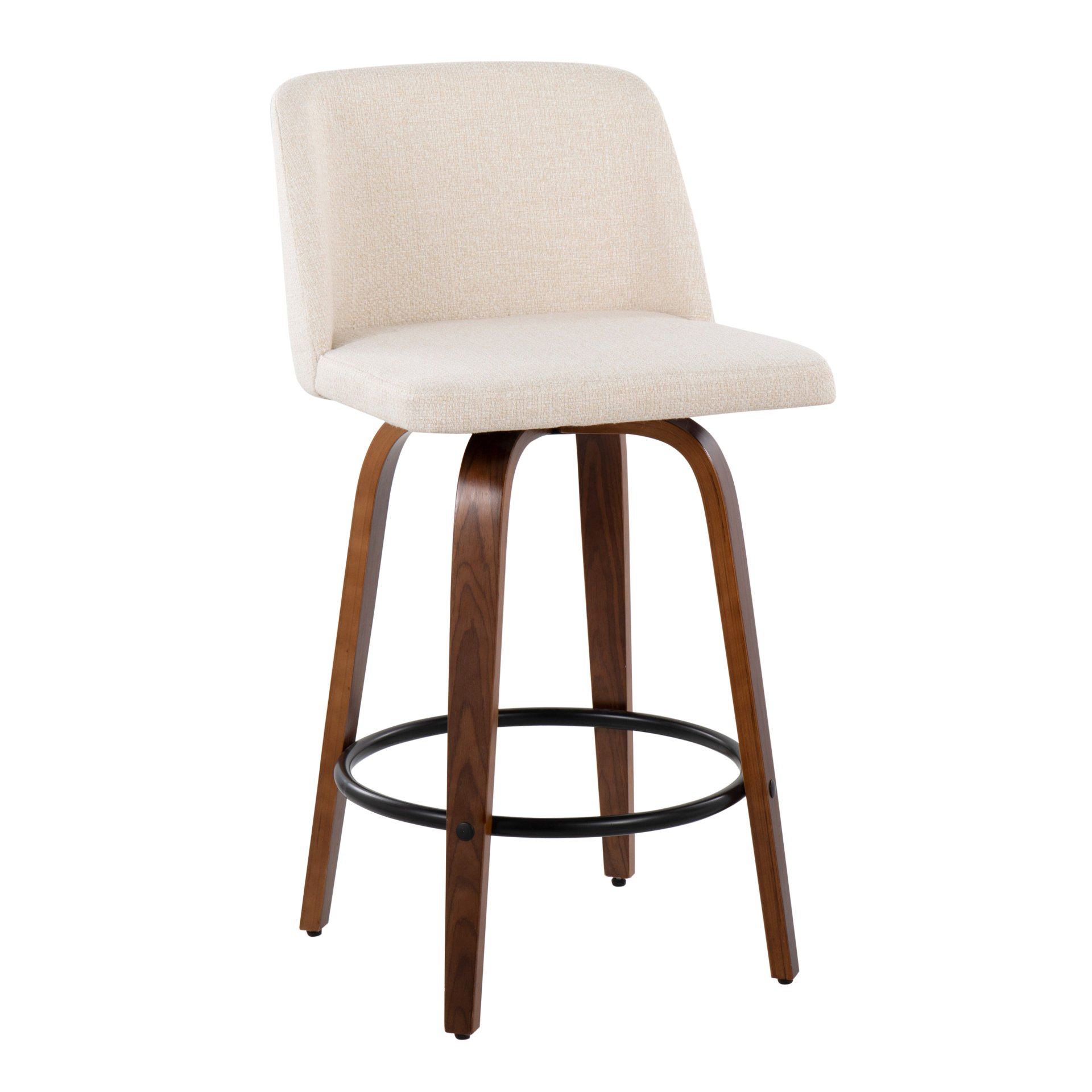 Toriano - Mid-Century Modern Fixed Height Counter Stool & Round Footrest (Set of 2) - Walnut / Cream - Image 2