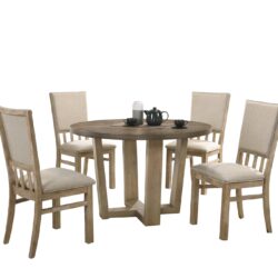 Brutus - 5 Piece Wide Contemporary Round Dining Table With Wheat Colored Fabric Chairs (Set of 5) - Vintage Walnut