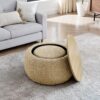 Woven Rattan Fabric Round Storage Ottoman With 2 In 1 Function As End Table And Ottoman - Dark Yellow - Image 7