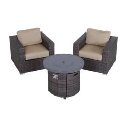 3 Piece All Weather Seating Group With Premium Cushions, Fire Pit Included - Beige / Brown Mix