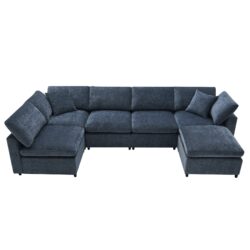 Modern Modular Cloud Sofa Bed, 6 Seat Chenille Sectional Couch Set With Ottoman, Free Combination, Convertible U Shaped Sleeper Sofa - Dark Blue