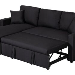 Paisley - Linen Fabric Reversible Sleeper Sectional Sofa With Storage Chaise - Black