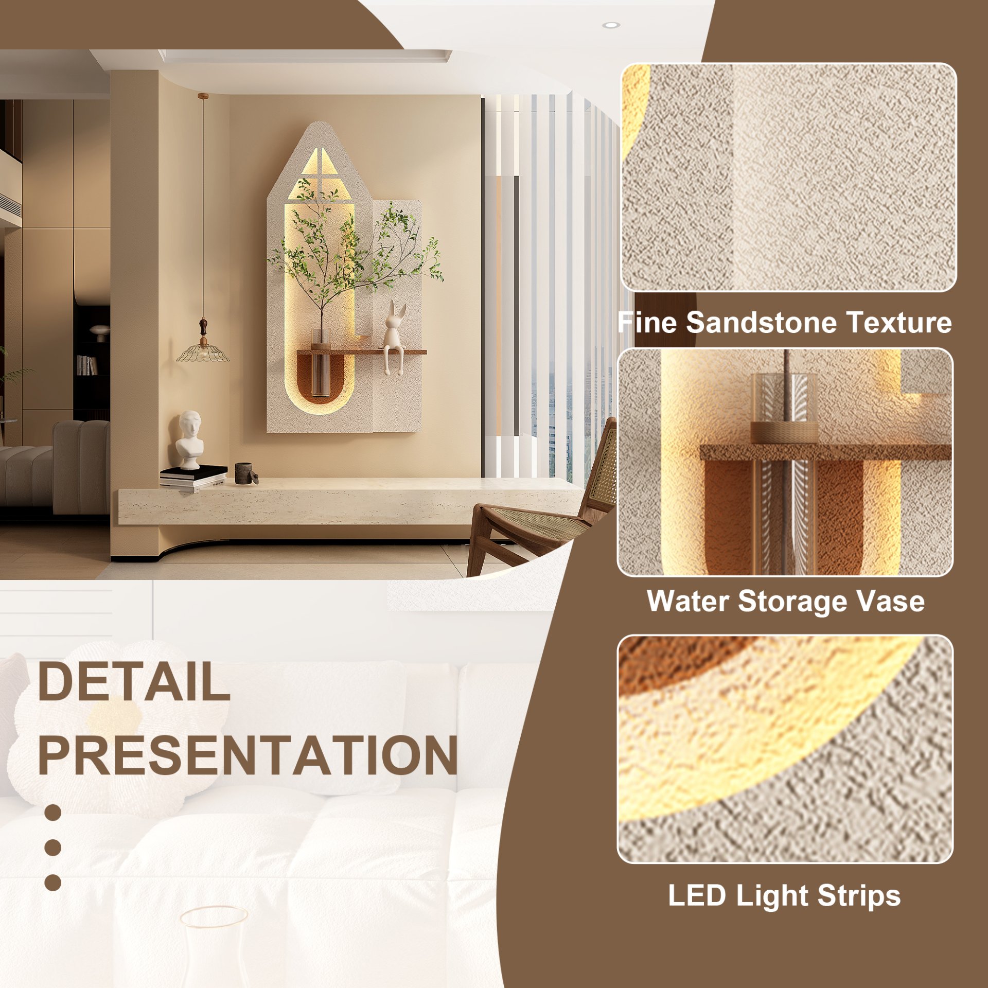 Adjustable 3 Color LED Sandstone Wall Decor With Simulated Plants, Glass Vase & Rabbit Statue - Light Coffee - Image 9