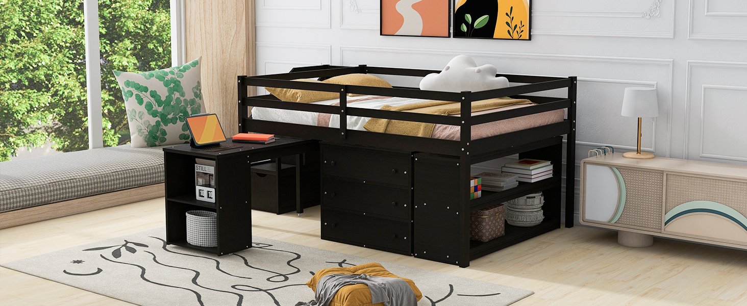 Full Size Loft Bed With Retractable Writing Desk And 3 Drawers With Storage Stairs And Shelves - Espresso - Image 24