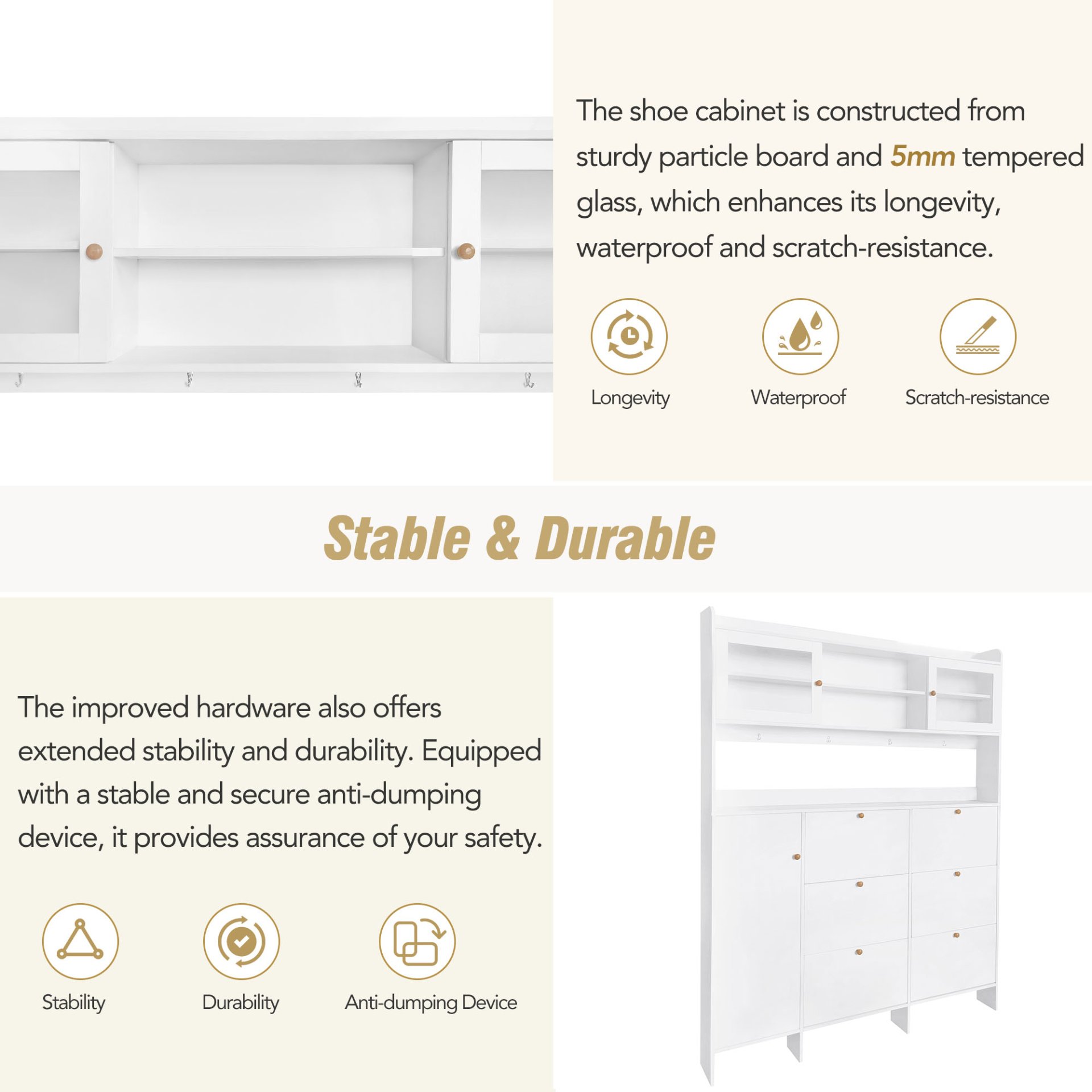 Multifunctional Tipping Bucket Shoe Cabinet With Storage Shelf & 6 Flip Drawers, Large Hall Tree With Tempered Glass Doors, Foyer Cabinet With 4 Hooks For Hallway - White - Image 10
