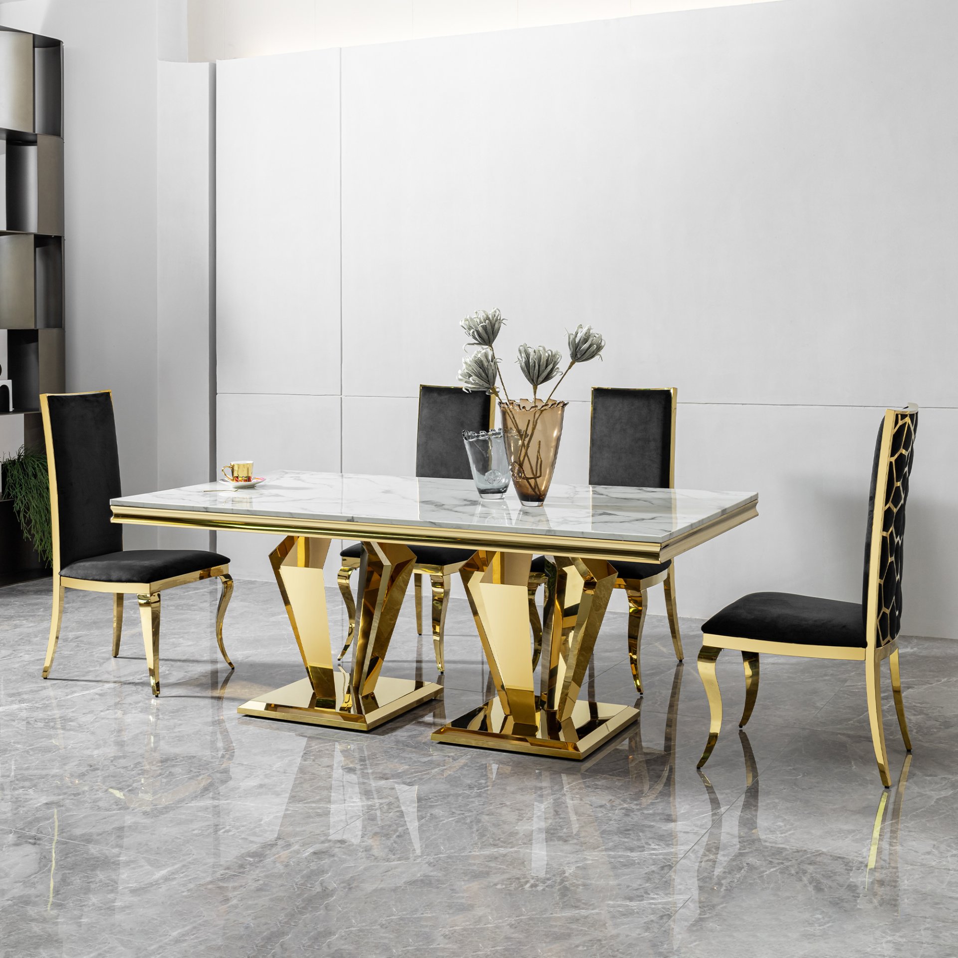 79.53 In. Elegant Marble Pattern Dining Table For 6 Or 8 Seats Polished Stainless Steel Base - Gold - Image 4