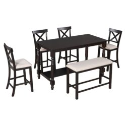 6 Piece Counter Height Dining Table Set With Shelf, 4 Chairs And Bench - Espresso