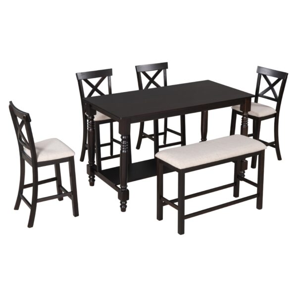 6 Piece Counter Height Dining Table Set With Shelf, 4 Chairs And Bench - Espresso