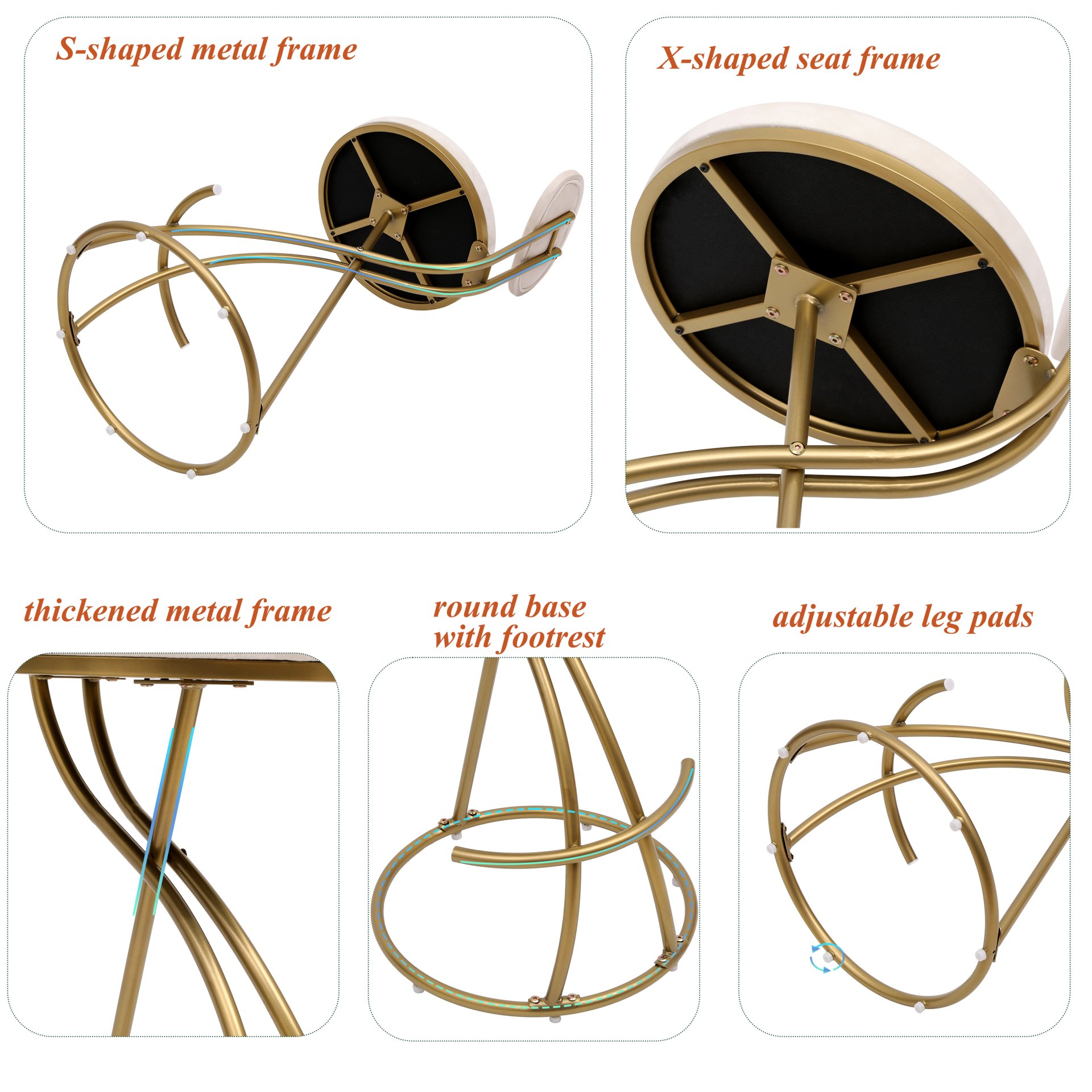 Round Bar Stool Armless Velvet Barstools With Back (Set of 2) Upholstered Counter Chair For Dining Room, Kitchen Island - Gold / Creamy White - Image 9