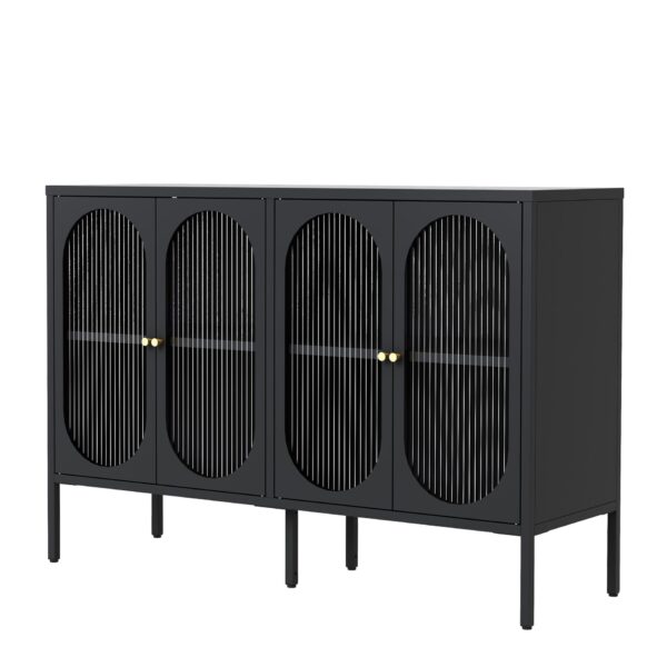 Modern Metal Sideboard Cabinet With 4 Glass Doors, Steel Kitchen Storage And Coffee Bar Cabinet - Black