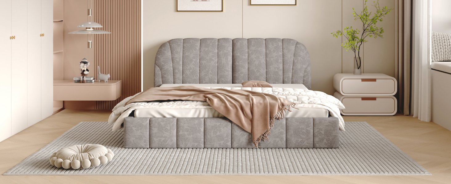 Queen Size Upholstered Platform Bed, Polyester - Gray - Image 18