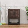 Modern Freestanding Bathroom Vanity With Ceramic Sink, Hot And Cold Faucet, 2 Door Cabinet & Open Iron Shelf, Magnesium Oxide And Iron Frame - Walnut - Image 2