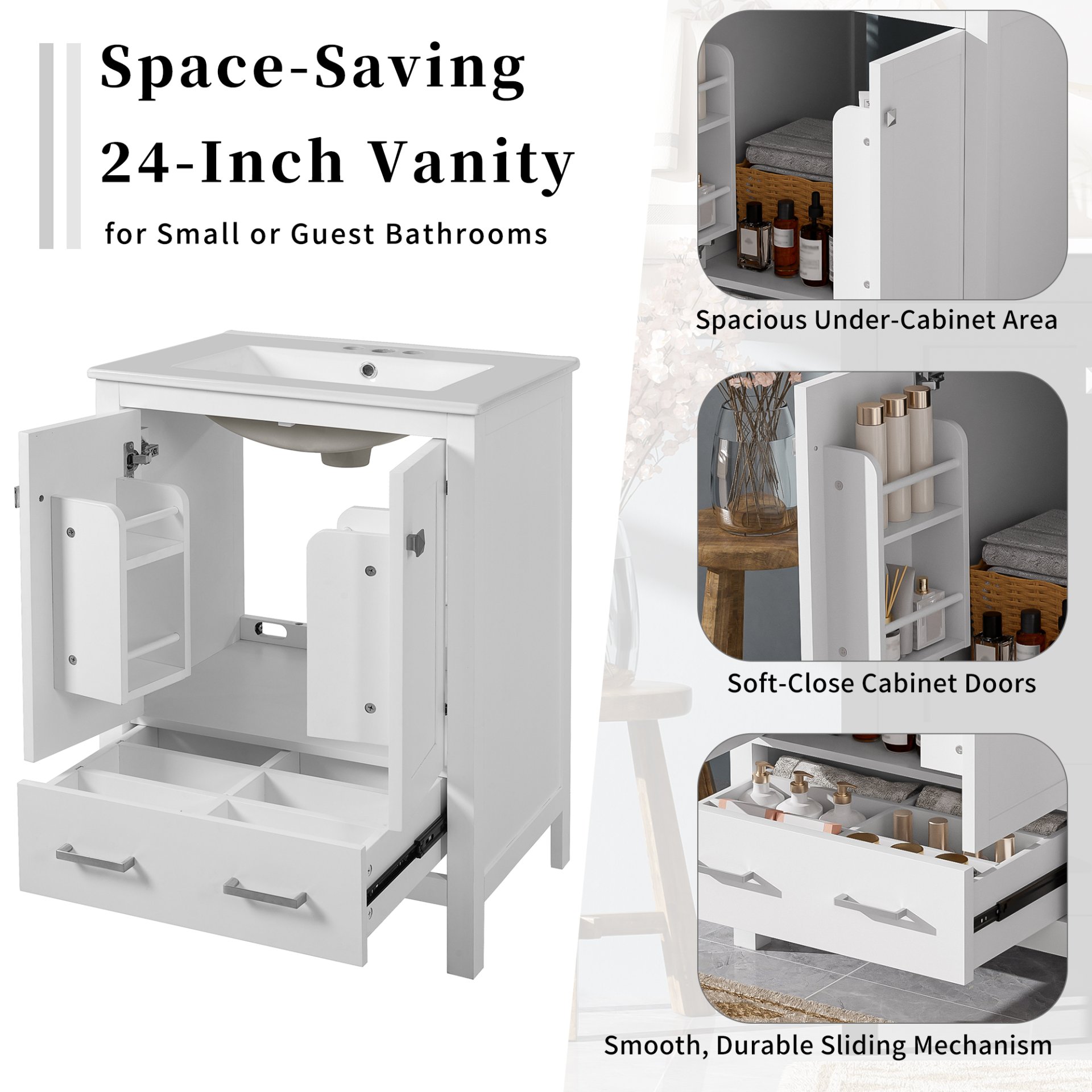 24" Bathroom Vanity With Integrated Undermount Sink, Soft Close Doors, 2 Doors 1 Drawer Storage - White - Image 7
