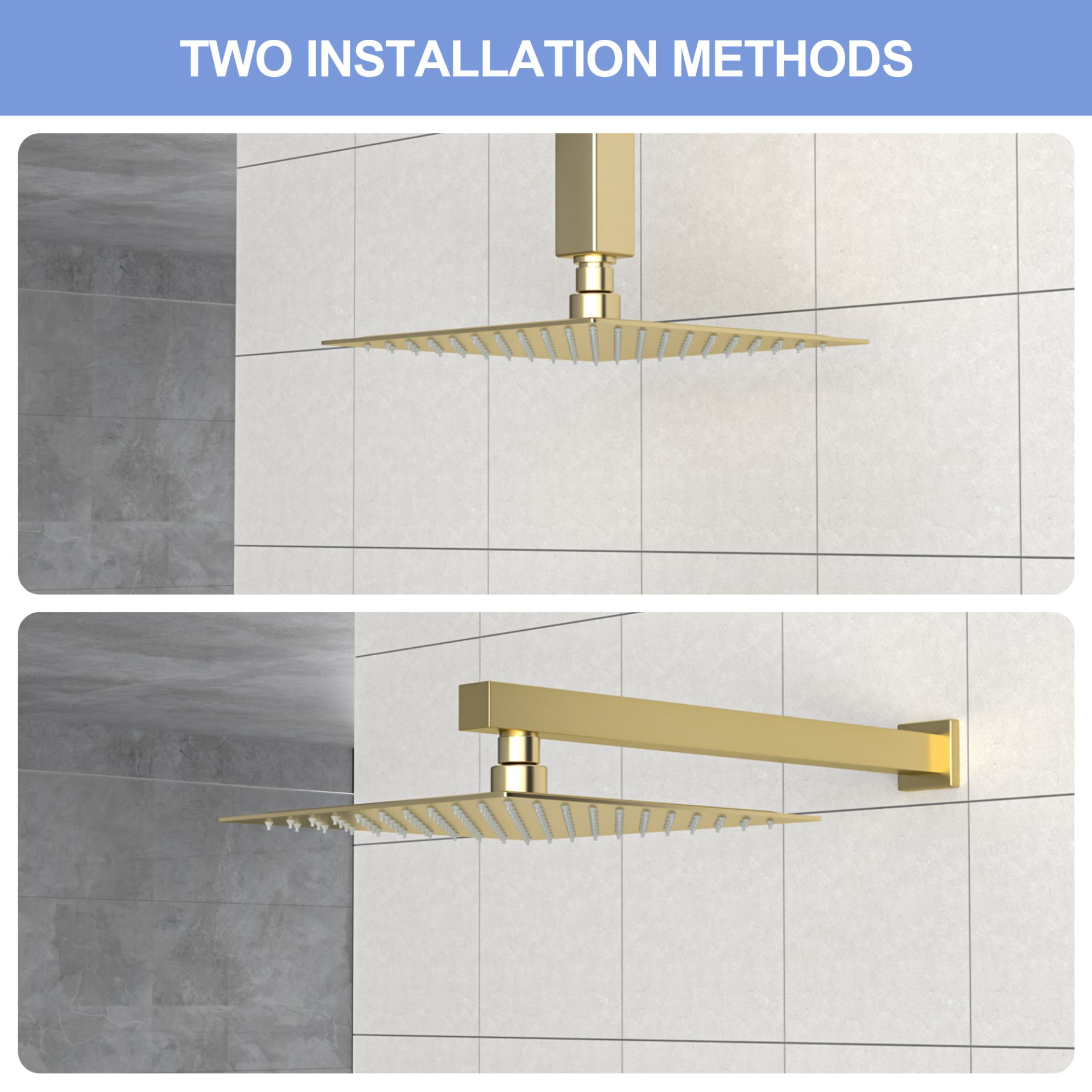8" Stainless Steel Square Rainfall Shower Head Wall & Ceiling Mount With Self Cleaning Nozzles & Full Body Coverage - Gold - Image 9