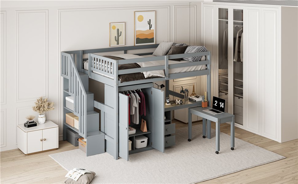 Full Size Loft Bed With Stairs, Bookshelf, Drawers, Desk & Wardrobe, Space Saving Multifunctional Furniture - Gray - Image 24