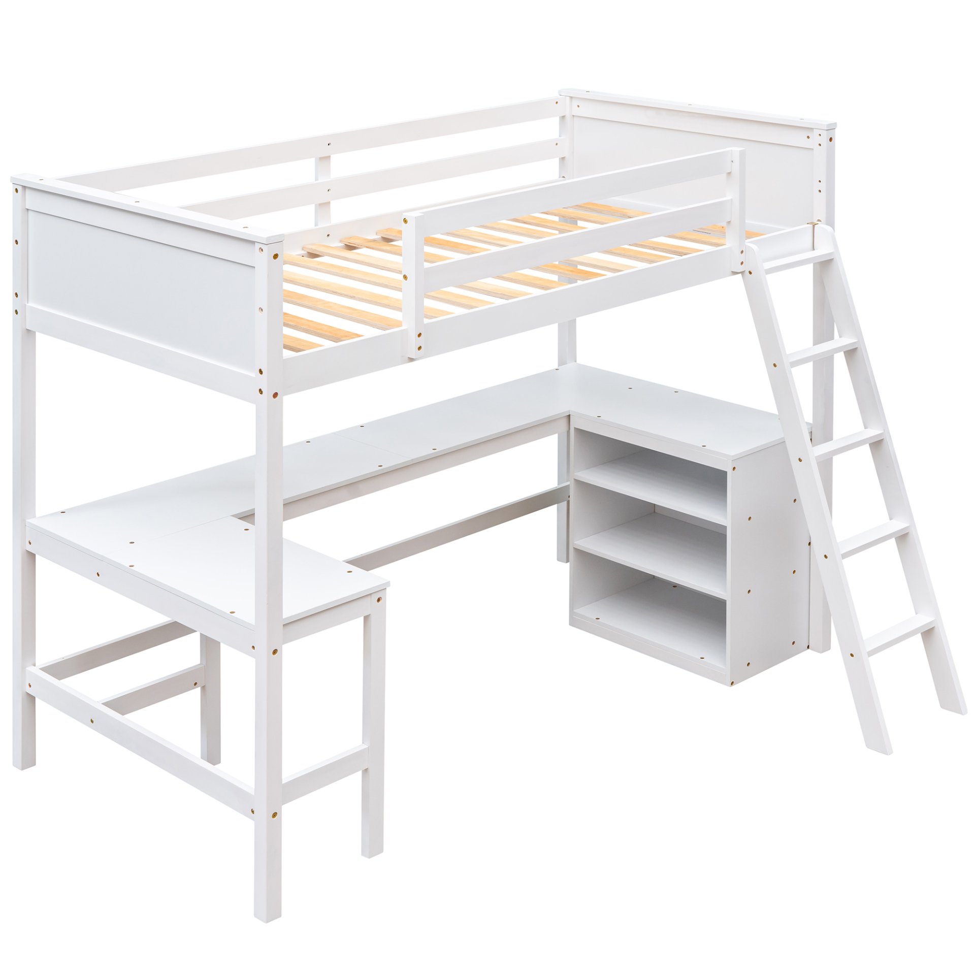 Twin Size Loft Bed With Shelves With Desk - White - Image 3