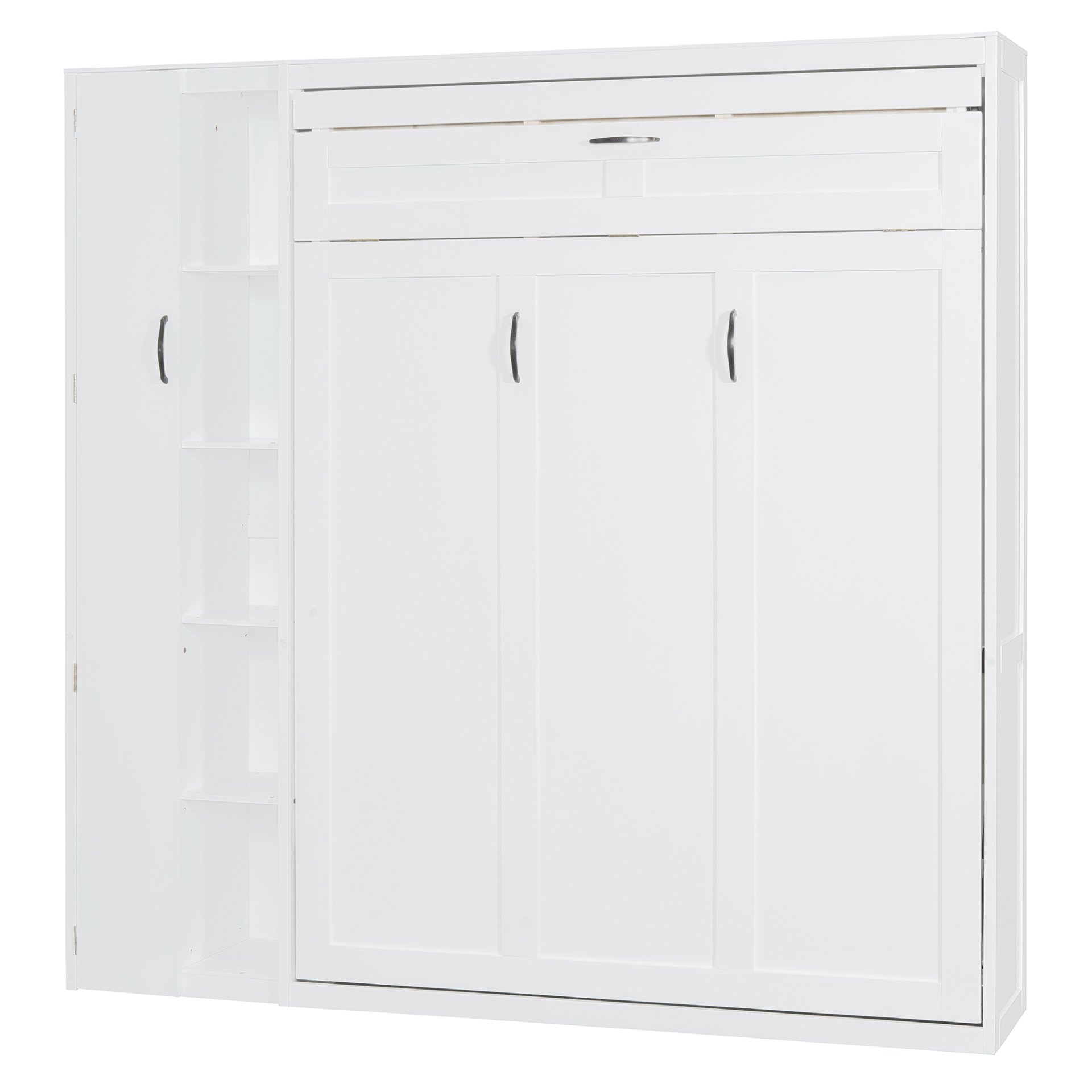 Full Size Murphy Wall Bed With Shelves, Wardrobe And LED Lights - White - Image 6