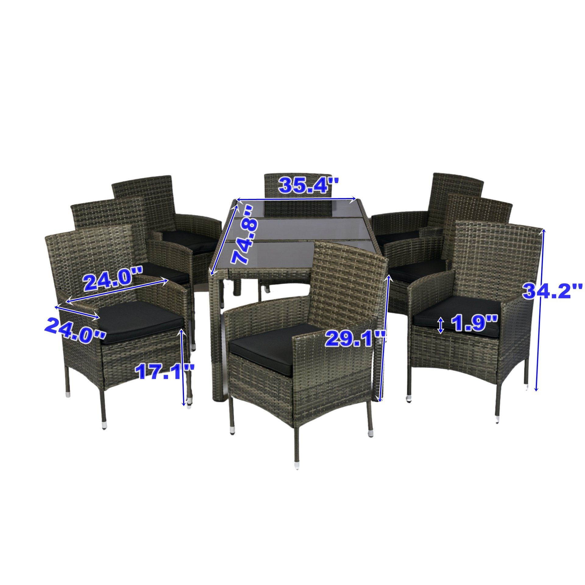 9 Piece Outdoor Patio Wicker Dining Set Patio Wicker Furniture Dining Set Glass Top - Gray / Black - Image 3
