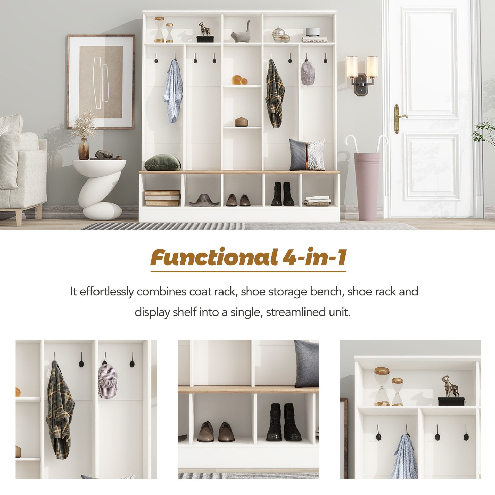 Wide Design Hall Tree With Storage Bench, Minimalist Shoe Cabinet With Cube Storage & Shelves, Multifunctional Coat Rack With 8 Hooks For Entryways, Mudroom - White - Image 6
