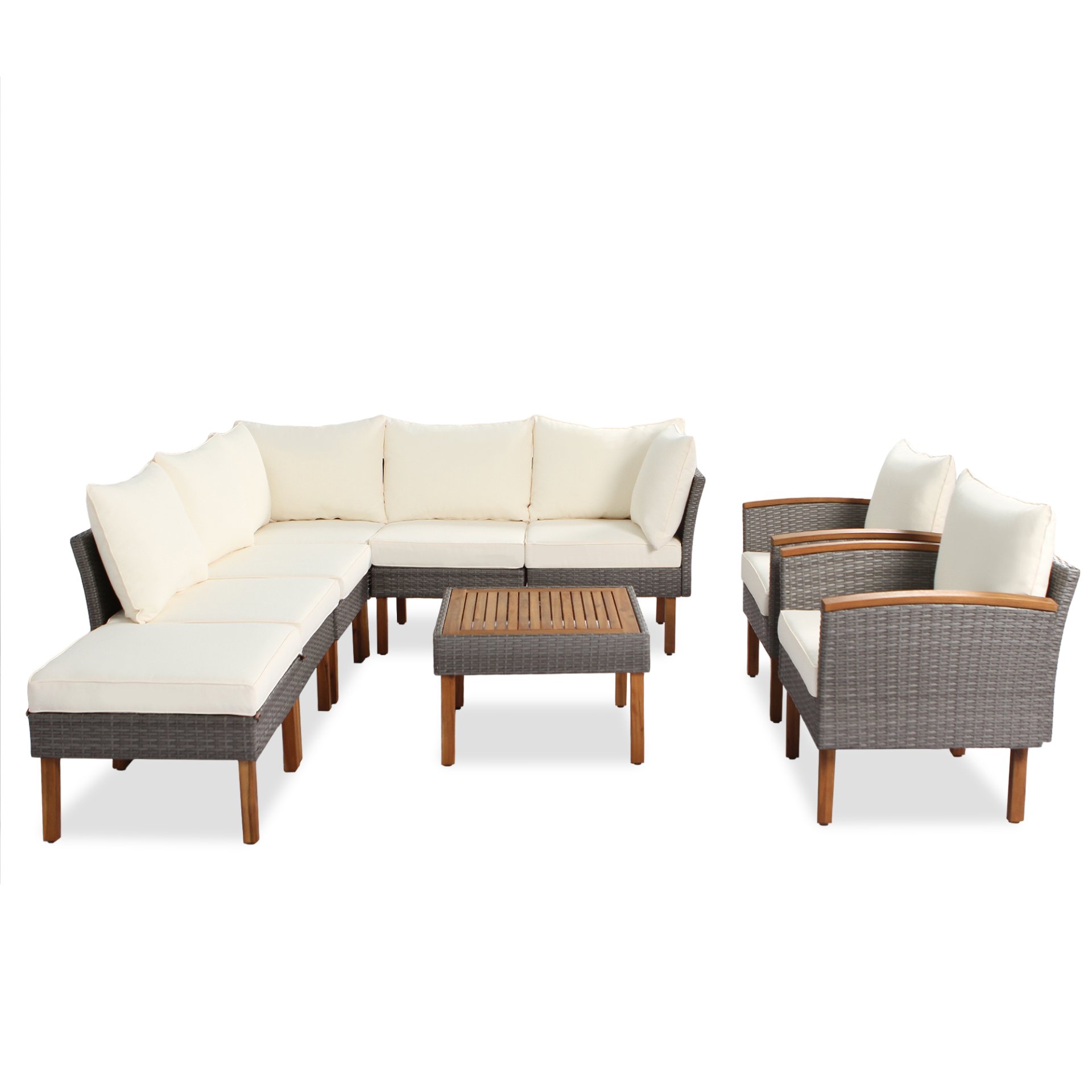 9 Piece Patio Rattan Furniture Set, Outdoor Conversation Set With Acacia Wood Legs And Tabletop, PE Rattan Sectional Sofa Set With Coffee Table, Washable Cushion - Beige - Image 3