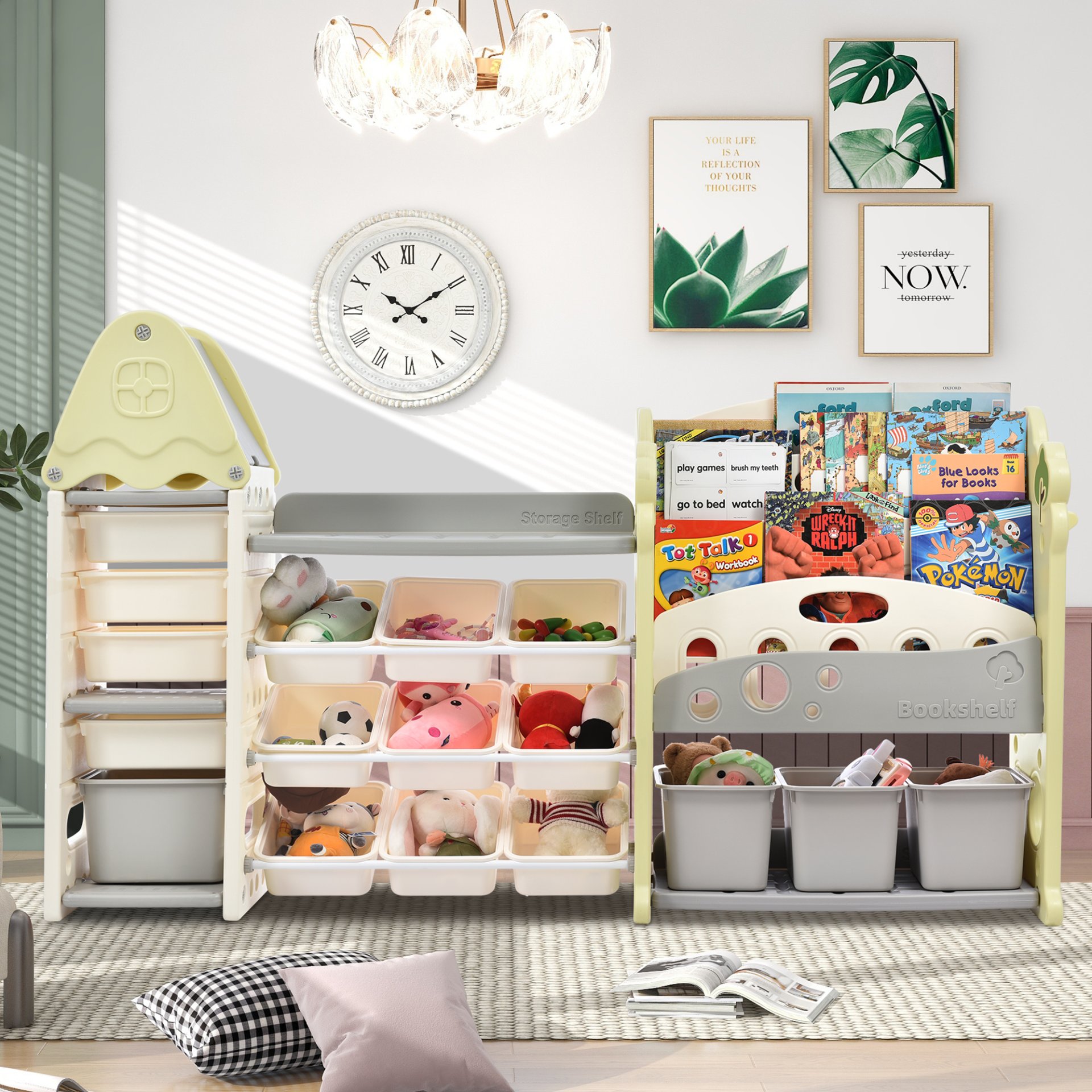 Kids Bookshelf Toy Storage Organizer With 17 Bins And 5 Bookshelves, Multi-Functional Nursery Organizer Kids Furniture Set Toy Storage Cabinet Unit With HDPE SheLF And Bins - Light Green - Image 2