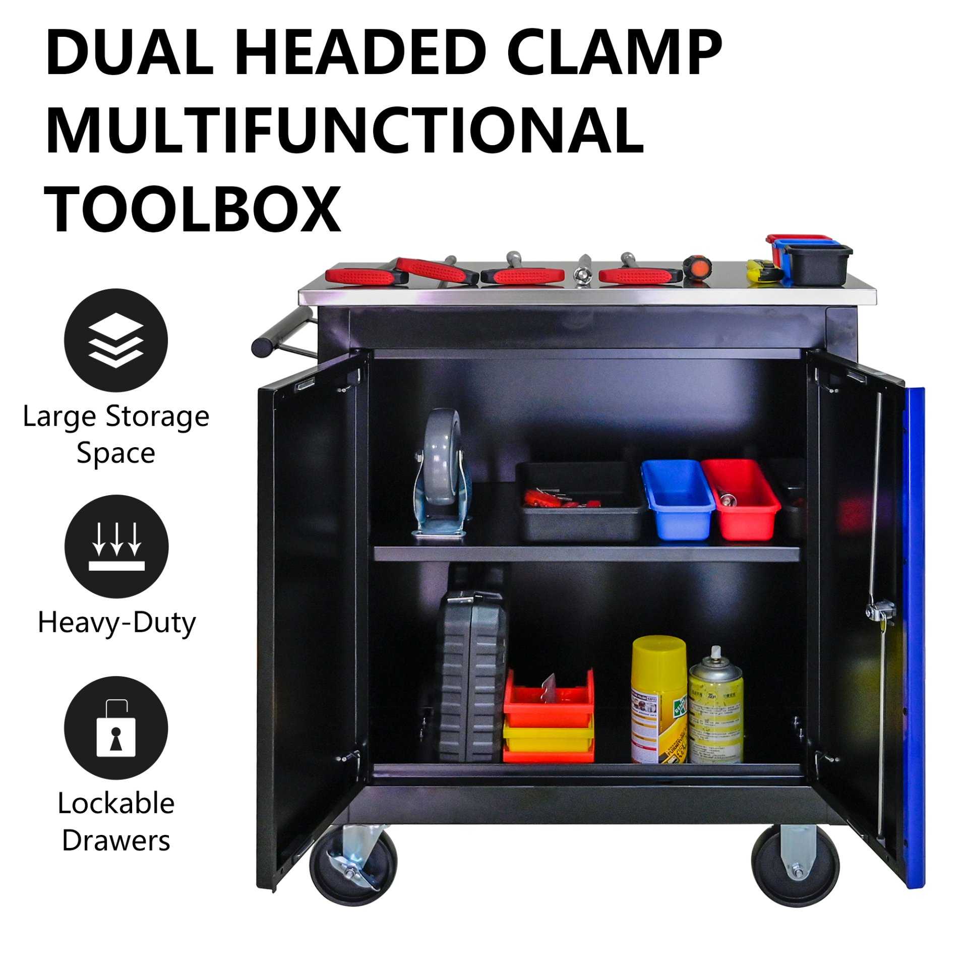 Movable Lockable Double Door Partition With Lock Multi Functional Hardware Storage Tool Car Auto Repair Locker - Black / Blue - Image 6