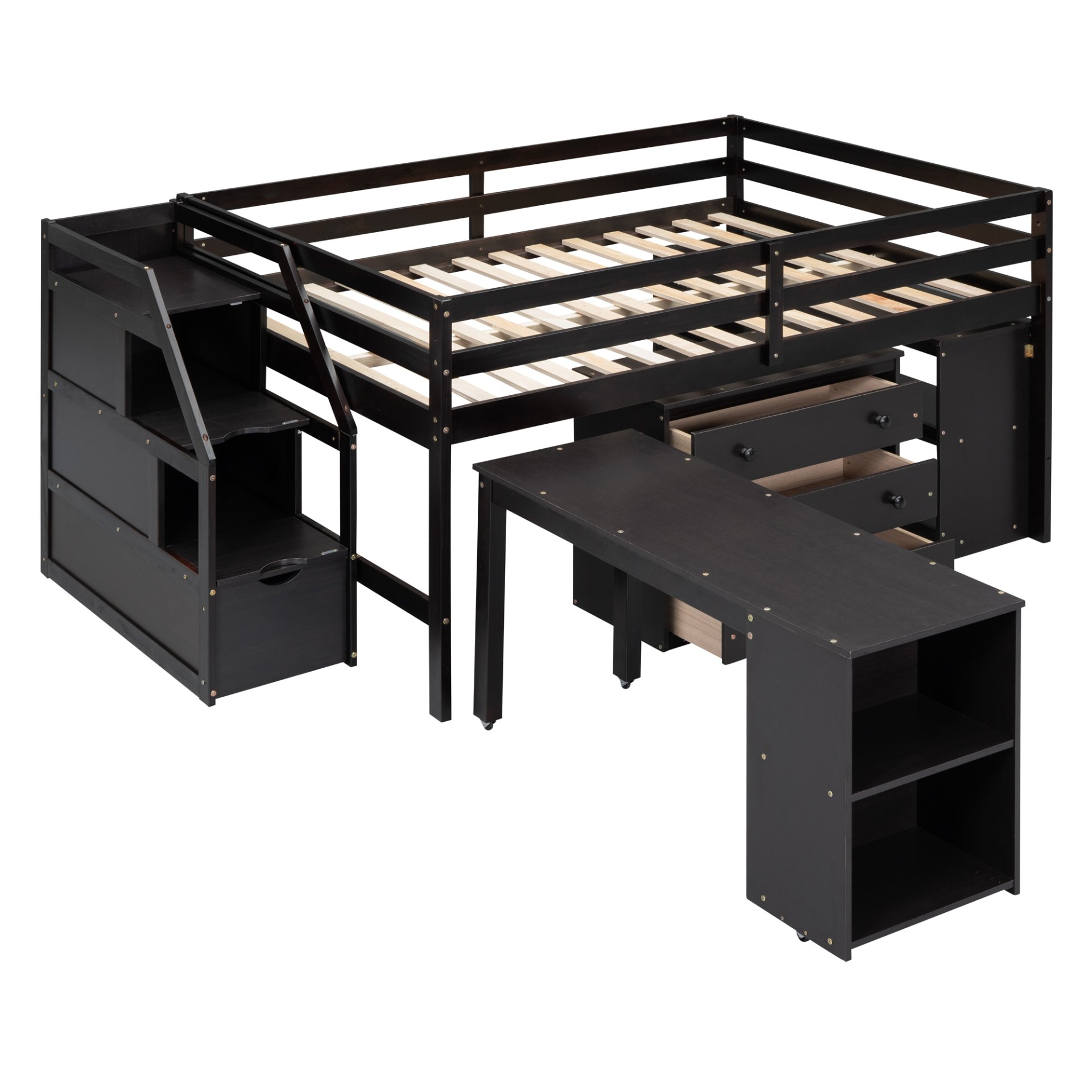 Full Size Loft Bed With Retractable Writing Desk And 3 Drawers With Storage Stairs And Shelves - Espresso - Image 9