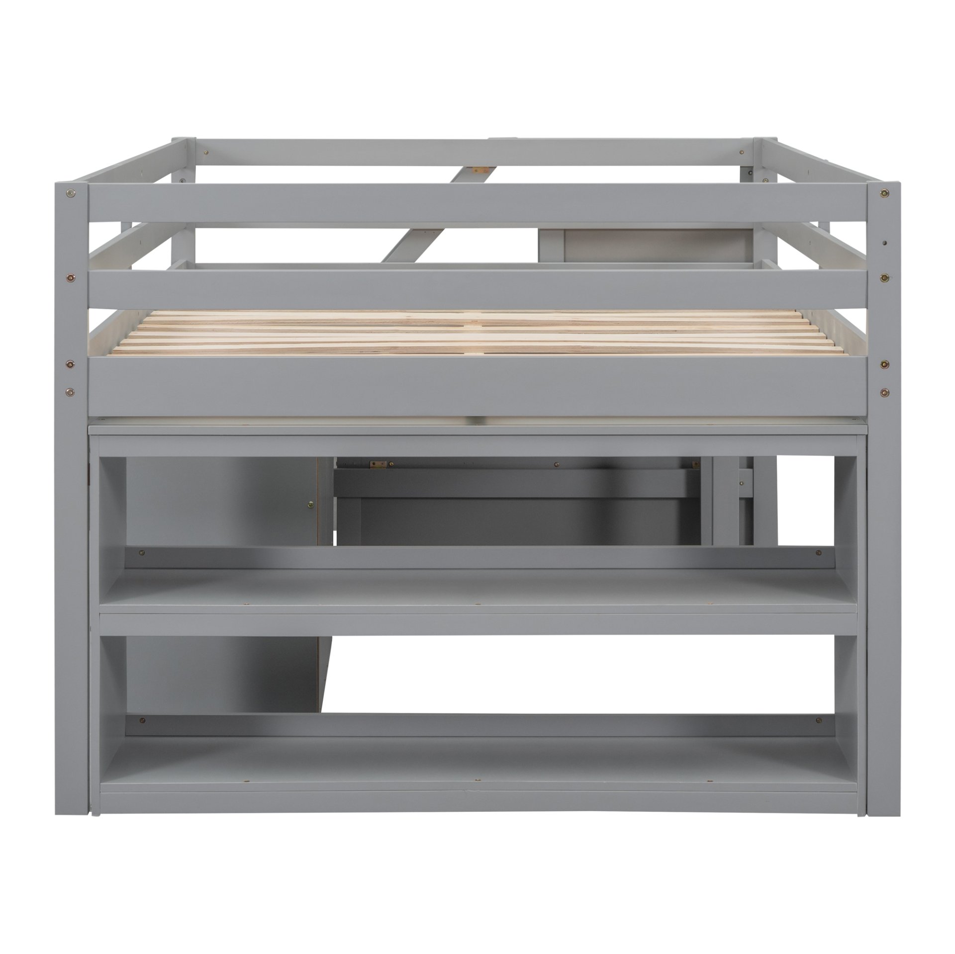 Full Size Loft Bed With Retractable Writing Desk And 3 Drawers With Storage Stairs And Shelves - Gray - Image 12