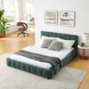 Modern Queen Size Upholstered Bed With Storage Drawer - Blue / Green - Image 4