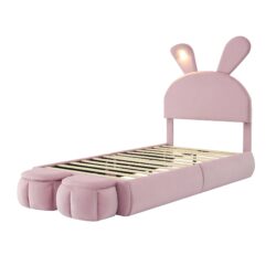 Twin Size Upholstered Platform Bed With Cartoon Ears Shaped Headboard And Light - Pink