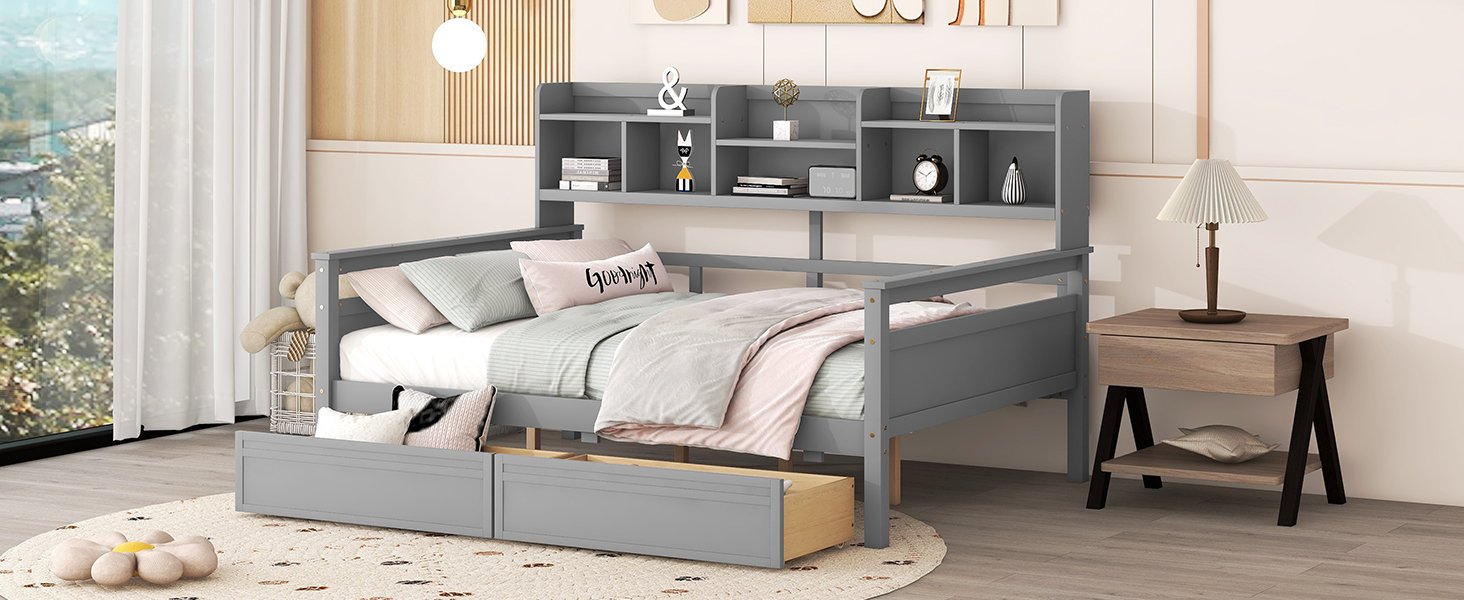 Full Size Daybed, Slat Support, With Bedside Shelf And 2 Drawers - Gray - Image 15