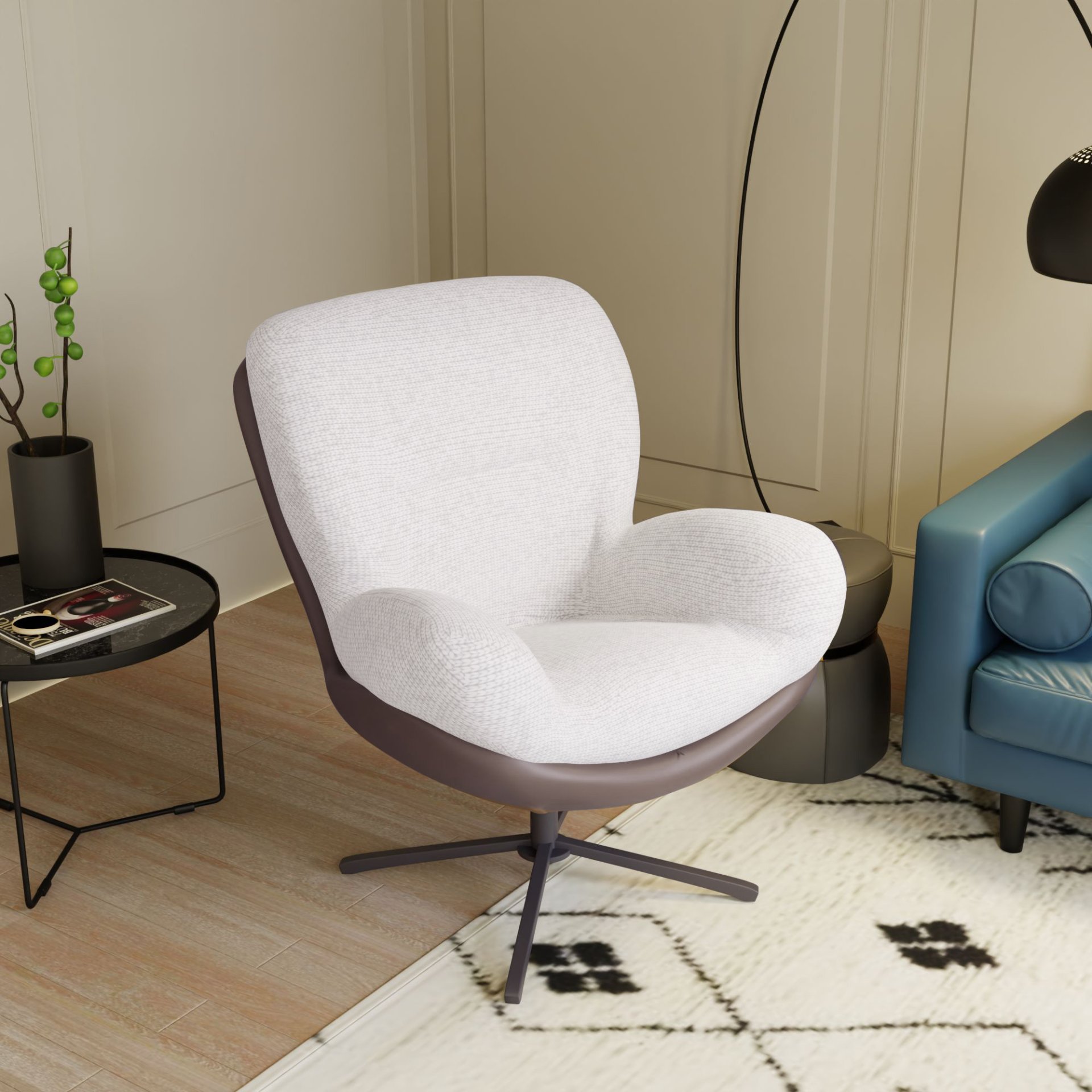 360° Swivel Office Chair, Modern Chenille Chair With And Metal Base Frame, No Wheels, Accent Chair - White - Image 5