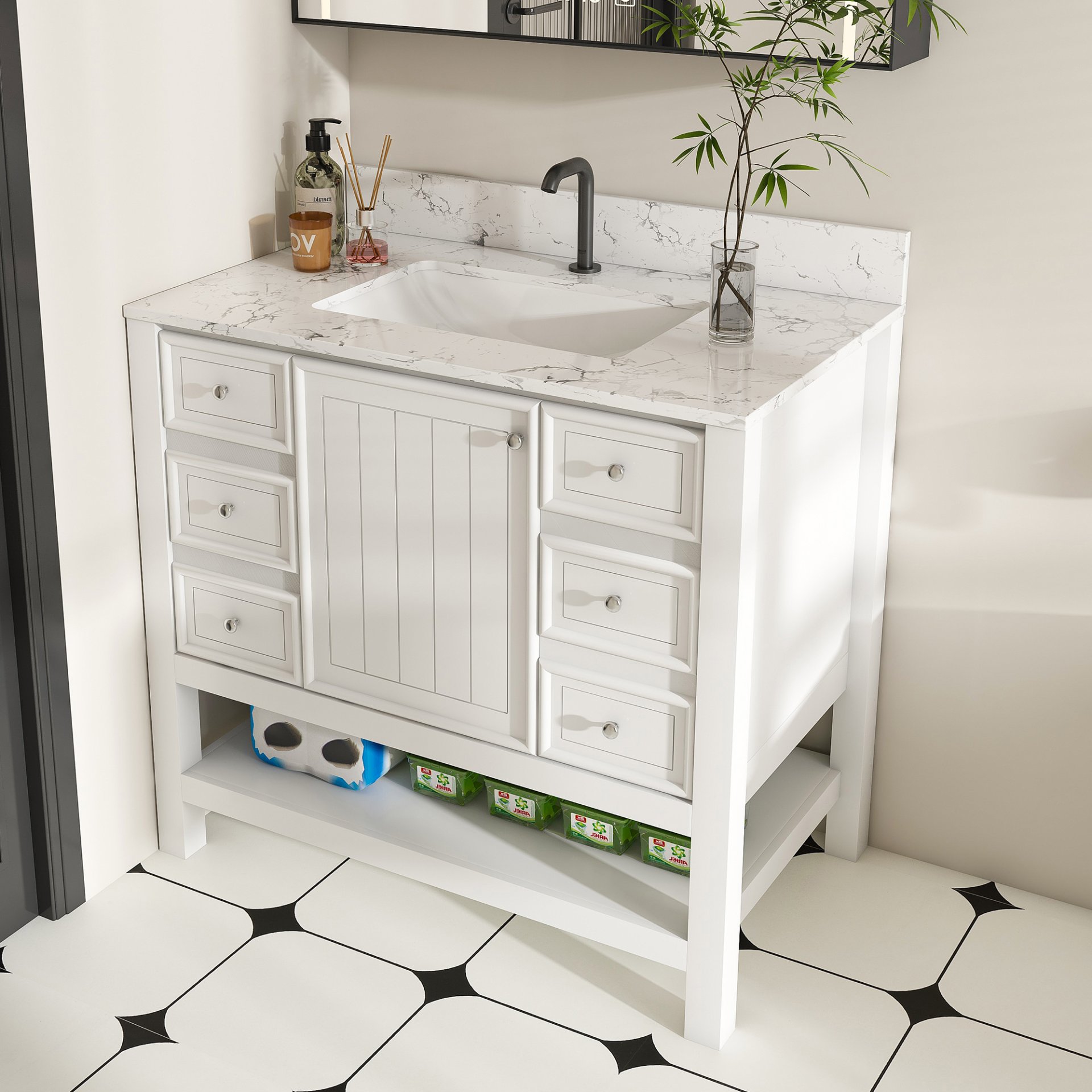 37" Bathroom Vanity, Multi Functional Cabinet With Doors And Drawers, Frame, Single Faucet Hole - White - Image 4
