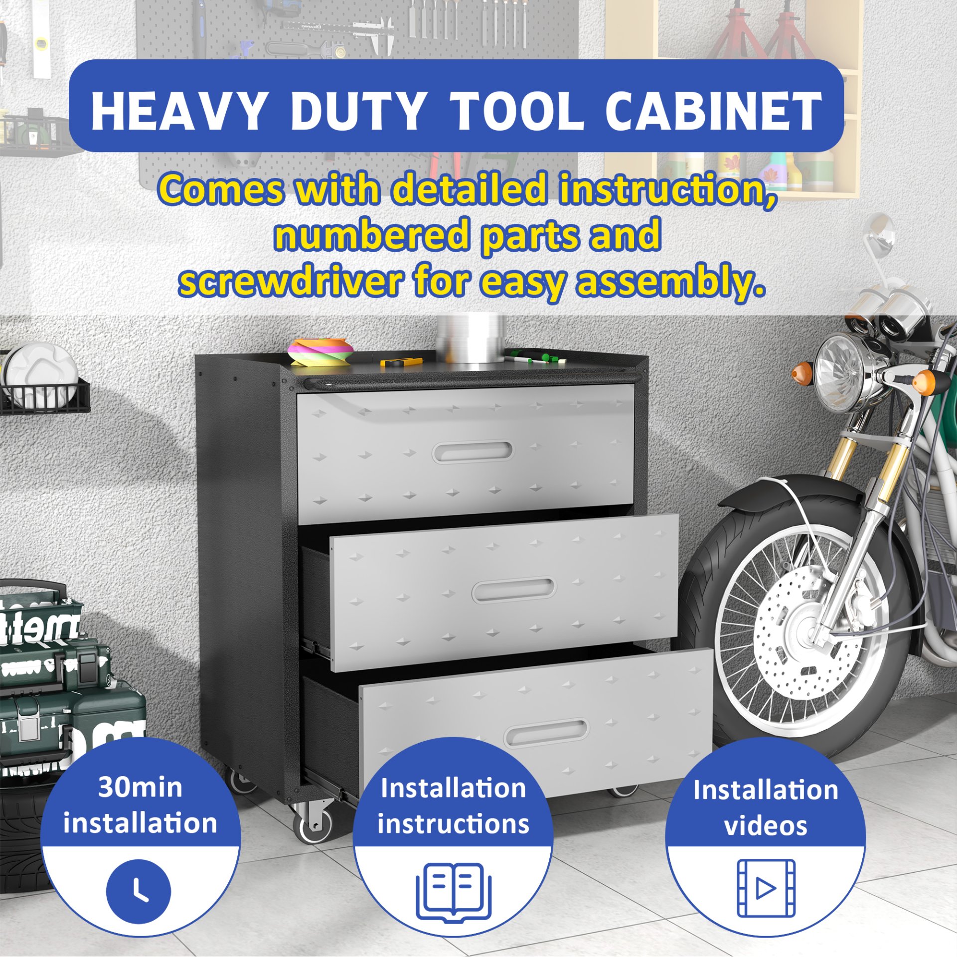 Heavy Duty Metal Storage Cabinet With Wheels 3 Drawer Tool Cabinet For Garage, Office, And Home Organizer Solutions - Black - Image 8