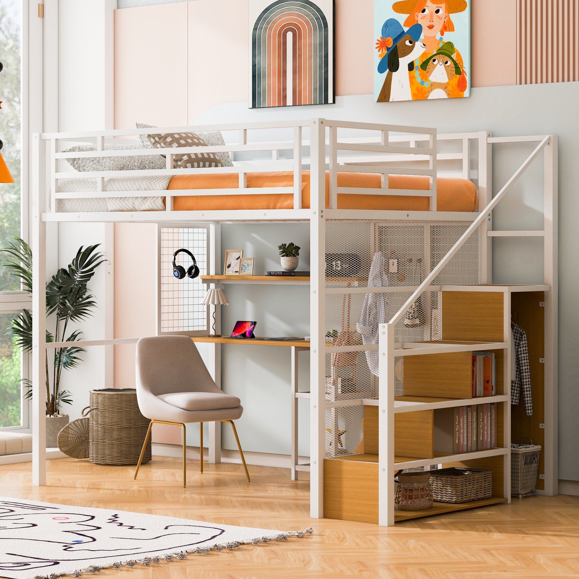 Full Size Metal Loft Bed With Wardrobe, Desk, Storage Shelves - White - Image 4