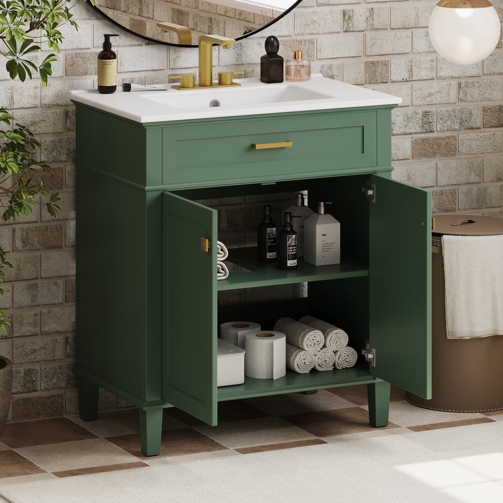 Bathroom Vanity With Ceramic Basin, Soft Close Door And Adjustable Shelves - Green - Image 5