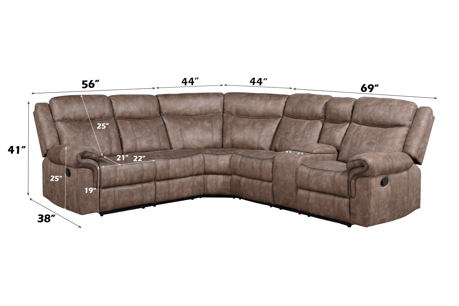 Dollum - Two Tone Nubuck Manual Recliner Sectional Sofa With USB Port Cupholder Console - Chocolate - Image 9