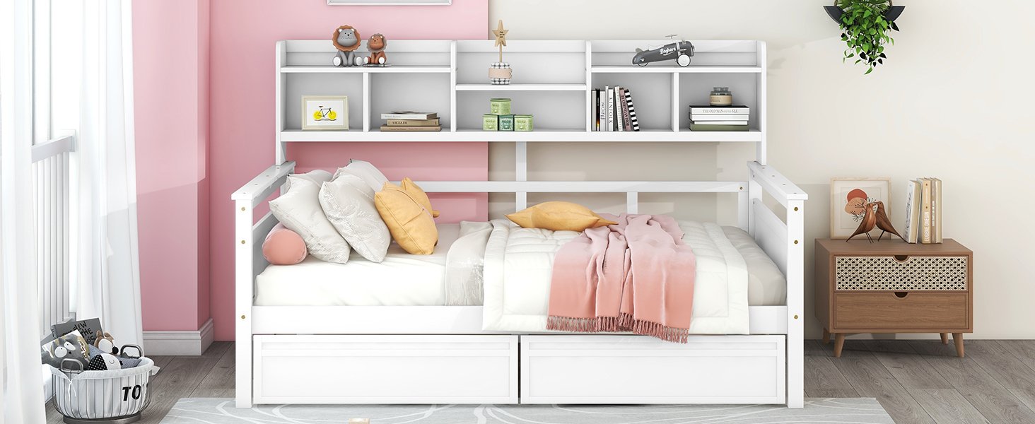 Full Size Daybed, Slat Support, With Bedside Shelf And Two Drawers - White - Image 16