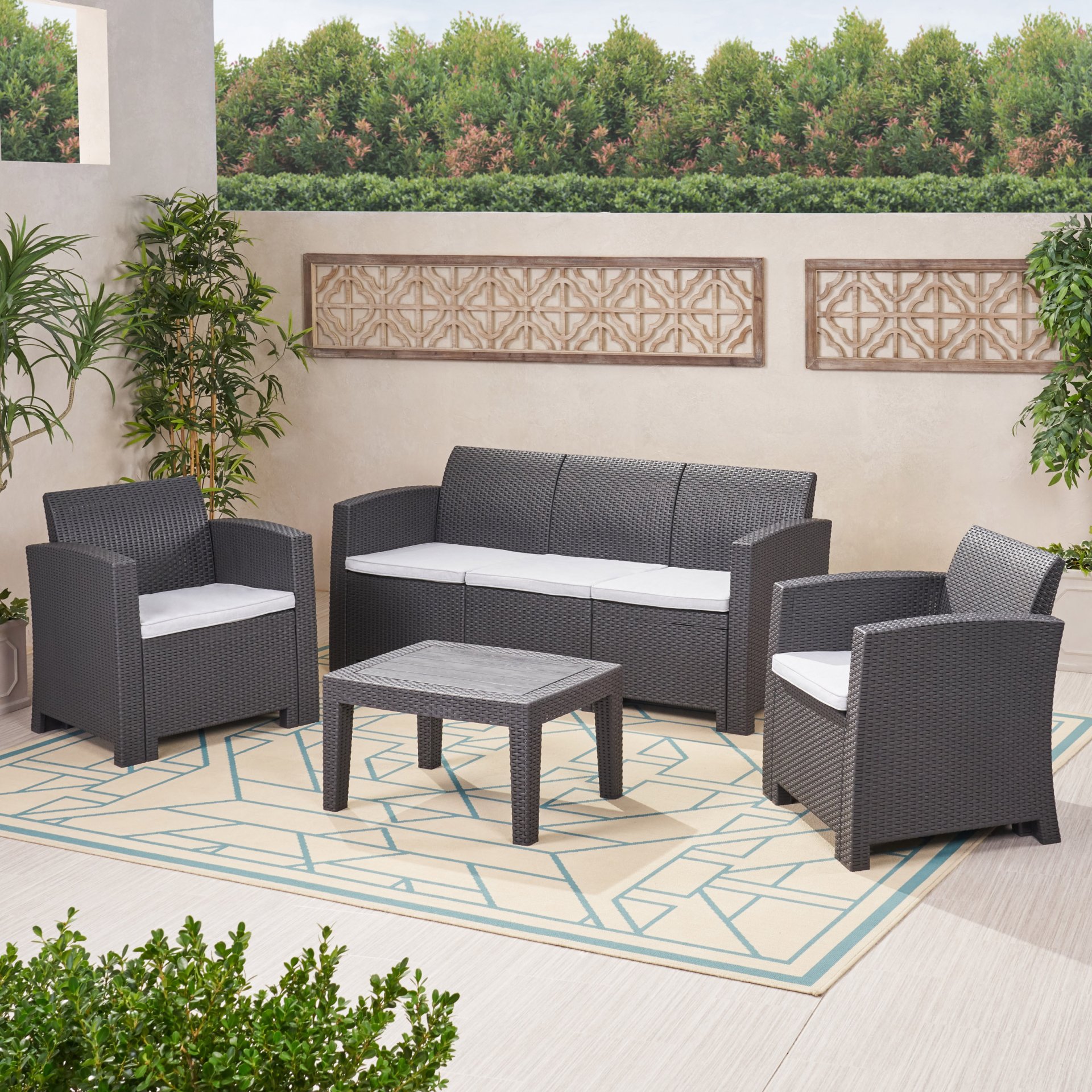 Velvora - Outdoor Wicker Set With 3 Seater Sofa, 2 Club Chairs, Coffee Table And Cushions - Brown - Image 7