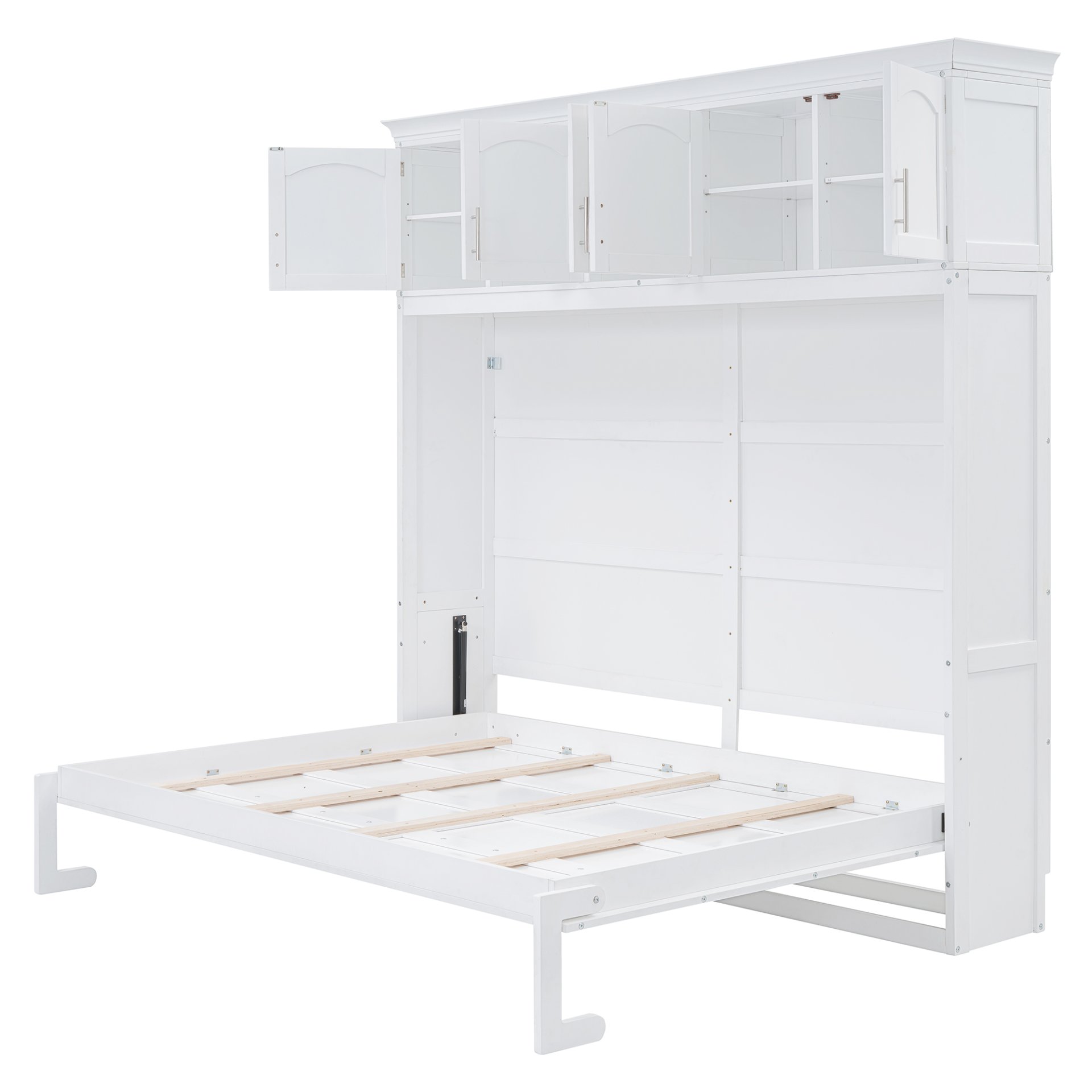 Full Size Space Saving Murphy Wall Bed With Top Cabinets, Flexible Slats - White - Image 6