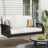 PE Wicker Porch Swing, 2 Seater Hanging Bench With Chains, Patio Furniture Swing For Backyard Garden Poolside - Black / Beige - Image 3