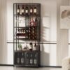 82.7" Industrial Standing Wine Rack With Glass Rack Tall Freestanding Floor Bar Cabinet - Walnut / Black - Image 4